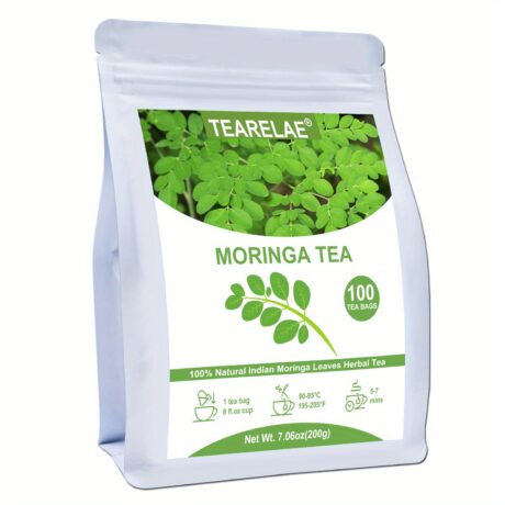 100 Bags of 2g Each, Premium Moringa Leaves Tea Bags - Caffeine-Free, Herbal, and Rich in Antioxidants - TEARELAE, 7.06 Oz, Healthy and Refreshing Beverage for Any Time of Day