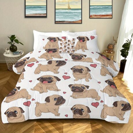 Valentines Day Comforter Set Pug Pink Heart Quilt Set 4 Piece Dogs Pattern Quilt Sets Cute Animals Bedding Sets with 2 Pillow Shams and 1 Cushion Cover Gifts for Him Her