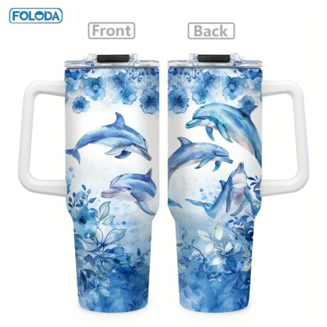 1pc Adorable Blue Dolphin Stainless Steel Insulated Tumbler - 40oz Capacity, Handle, Lid, Straw, Durable, Leak-Proof, Keeps Drinks Hotu002FCold - Perfect Valentine's Day, Birthday Gift for Wife, Mom, Daughter, Mama, Sister, Grandma, Ideal for Outdoor Camping, Hiking, Travel