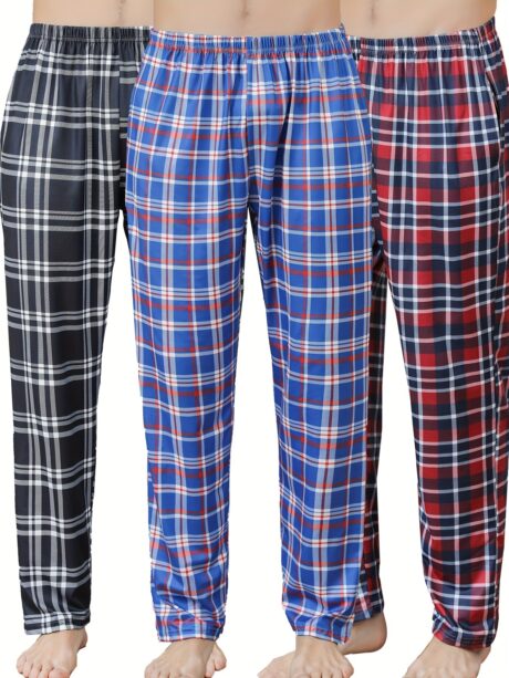 3PCS Plaid Patterned Mens Pajama Pants - Soft Slight Stretch Polyester Loungewear for Springu002FSummeru002FFall - Casual Regular Fit with Elastane Lining and Woven Fabric