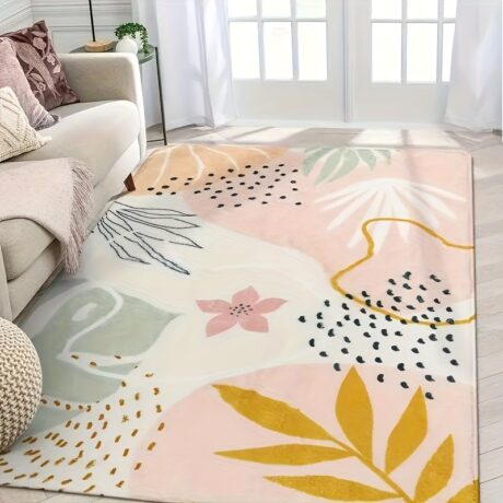 One Plant-printed Pink Rug, 71 By 47 Inch Living Room Bedroom Rug Washable Non-slip Bohemian Rug Lovely Soft Carpet, Abstract Interior Carpet Kitchen Entrance Laundry Dining Room