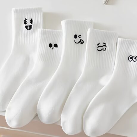 5 Pairs Of Women's Short Socks, White Casual Mid-Tube Socks With Quirky Expression And Little Eye Embroidery, Couple Long Socks, Odor-Resistant Breathable All-Season Socks, Cartoon Sports Wear