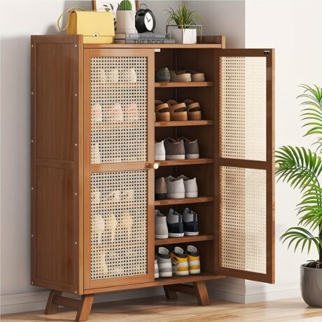 7 Tier Bamboo Shoe Storage Cabinet - Display Cases for Entryway, Closet, Hallway with Large Capacity, Free Standing, Doors, and Organizer Features