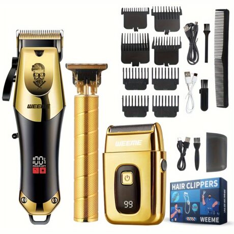 3pcsu002Fset Professional Golden Hair Clipper And Trimmer Set For Men - USB Rechargeable Haircut Kit With LCD Display, Including Electric Shaver, T-Blade Trimmer, 8pcs Limit Combs, 3pcs USB Cables, 3pcs Cleaning Brushes, And Comb - Ideal Gift