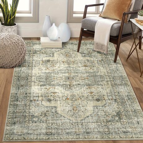 1PC Ultra-Thin Boho Traditional Soft Floral Oriental Rug For Living Room Indoor Traditional Soft Floral Oriental Rug Washable Medallion Distressed Design Bedroom Stain Resistant Area Rug Low Pile Throw Carpet Home Decor Farmhouse Beige